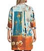 Calessa Plus Size Woven Border Leaves Print Point Collar Roll-Tab Sleeve Button Front Duster Tunic, Color:Turquoise/Multi - Image 3
