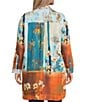 Calessa Plus Size Woven Border Leaves Print Point Collar Roll-Tab Sleeve Button Front Duster Tunic, Color:Turquoise/Multi - Image 4