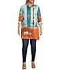 Calessa Plus Size Woven Border Leaves Print Point Collar Roll-Tab Sleeve Button Front Duster Tunic, Color:Turquoise/Multi - Image 5