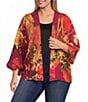 Calessa Plus Size Woven Digital Print Drape Collar Open-Front 3/4 Sleeve Kimono - Image 1