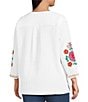 Calessa Plus Size Woven Embroidered Patchwork Print Round Split V-Neck Long Sleeve Tunic - Image 4