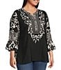 Calessa Plus Size Woven Embroidered Patchwork Round Split V-Neck 3/4 Sleeve Tunic - Image 3
