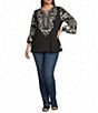 Calessa Plus Size Woven Embroidered Patchwork Round Split V-Neck 3/4 Sleeve Tunic - Image 4