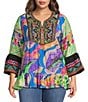 Calessa Plus Size Woven Embroidered Patchwork Split V-Neck 3/4 Bell Sleeve Tunic - Image 1