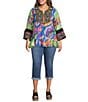 Calessa Plus Size Woven Embroidered Patchwork Split V-Neck 3/4 Bell Sleeve Tunic - Image 3