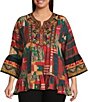 Calessa Plus Size Woven Embroidered Patchwork Split V-Neck 3/4 Sleeve Tunic, Color:Crimson Multi - Image 1