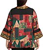 Calessa Plus Size Woven Embroidered Patchwork Split V-Neck 3/4 Sleeve Tunic, Color:Crimson Multi - Image 2
