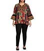 Calessa Plus Size Woven Embroidered Patchwork Split V-Neck 3/4 Sleeve Tunic, Color:Crimson Multi - Image 3
