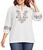 Calessa Plus Size Woven Embroidered Patchwork Stand Split V-Neck 3/4 Sleeve Tunic - Image 1