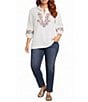 Calessa Plus Size Woven Embroidered Patchwork Stand Split V-Neck 3/4 Sleeve Tunic - Image 3