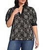 Calessa Plus Size Woven Embroidered Split Neck Band Elbow Puff Sleeve Tunic - Image 1
