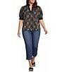 Calessa Plus Size Woven Embroidered Split Neck Band Elbow Puff Sleeve Tunic - Image 3