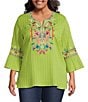 Color:Lime Multi - Image 1 - Plus Size Woven Embroidered Split Round Neck 3/4 Ruffle Sleeve Tunic