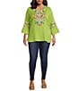 Color:Lime Multi - Image 3 - Plus Size Woven Embroidered Split Round Neck 3/4 Ruffle Sleeve Tunic