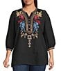 Calessa Plus Size Woven Embroidered Split V-Neck 3/4 Sleeve Tunic - Image 1