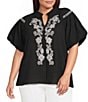 Calessa Plus Size Woven Embroidered Split V-Neck Elbow Sleeve Tunic - Image 1