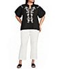Calessa Plus Size Woven Embroidered Split V-Neck Elbow Sleeve Tunic - Image 3