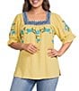 Calessa Plus Size Woven Embroidered Square Neck Short Sleeve Tunic - Image 1