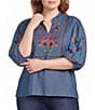 Calessa Plus Size Woven Embroidered Stand Split V-Neck Elbow Puff Sleeve Top - Image 1