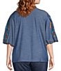 Calessa Plus Size Woven Embroidered Stand Split V-Neck Elbow Puff Sleeve Top - Image 2