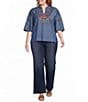 Calessa Plus Size Woven Embroidered Stand Split V-Neck Elbow Puff Sleeve Top - Image 3