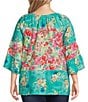 Color:Pink Multi - Image 2 - Plus Size Woven Garden Floral Print Scoop Neck 3/4 Sleeve Peasant Tunic