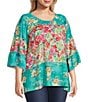 Color:Pink Multi - Image 3 - Plus Size Woven Garden Floral Print Scoop Neck 3/4 Sleeve Peasant Tunic