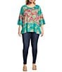 Color:Pink Multi - Image 4 - Plus Size Woven Garden Floral Print Scoop Neck 3/4 Sleeve Peasant Tunic