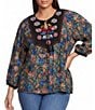 Calessa Plus Size Woven Geometric Retro Round Split Neck 3/4 Sleeve Tunic - Image 1
