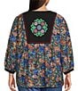 Calessa Plus Size Woven Geometric Retro Round Split Neck 3/4 Sleeve Tunic - Image 2