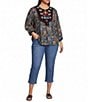 Calessa Plus Size Woven Geometric Retro Round Split Neck 3/4 Sleeve Tunic - Image 3