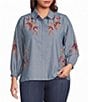 Calessa Plus Size Woven Leaf Embroidery Point Collar 3/4 Sleeve Button Front Shirt - Image 1