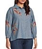 Calessa Plus Size Woven Leaf Embroidery Point Collar 3/4 Sleeve Button Front Shirt - Image 3