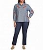 Calessa Plus Size Woven Leaf Embroidery Point Collar 3/4 Sleeve Button Front Shirt - Image 4