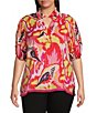 Calessa Plus Size Woven Modern Abstract Print Ruffled Split V-Neck Short Sleeve Tunic, Color:Fuchsia/Multi - Image 1