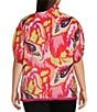 Calessa Plus Size Woven Modern Abstract Print Ruffled Split V-Neck Short Sleeve Tunic, Color:Fuchsia/Multi - Image 2