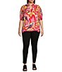 Calessa Plus Size Woven Modern Abstract Print Ruffled Split V-Neck Short Sleeve Tunic, Color:Fuchsia/Multi - Image 3