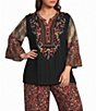 Calessa Plus Size Woven Multi Print Embroidered Split V-Neck 3/4 Bell Sleeve Tunic - Image 1