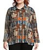 Calessa Plus Size Patchwork Check Print Woven Point Collar Long Sleeve Button-Front Flute Pleated Tunic, Color:Sand Multi - Image 1