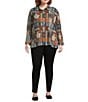 Calessa Plus Size Patchwork Check Print Woven Point Collar Long Sleeve Button-Front Flute Pleated Tunic, Color:Sand Multi - Image 3