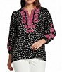 Calessa Plus Size Woven Polka Dot Embroidered Split V-Neck 3/4 Sleeve Tunic - Image 1