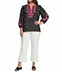 Calessa Plus Size Woven Polka Dot Embroidered Split V-Neck 3/4 Sleeve Tunic - Image 3