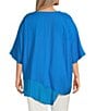 Color:Blue - Image 2 - Plus Size Woven Scoop Neckline Elbow Sleeve Asymmetrical Gauze Trim Inset Hem Tunic