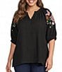 Calessa Plus Size Woven Split V-Neck Embroidered Balloon Elbow Length Sleeve Tunic - Image 1