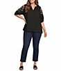 Calessa Plus Size Woven Split V-Neck Embroidered Balloon Elbow Length Sleeve Tunic - Image 3