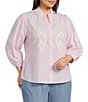 Calessa Plus Size Woven Stripe Split V-Neck 3/4 Balloon Sleeve Embroidered Button Front Tunic - Image 1