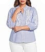 Calessa Plus Size Woven Stripe Split V-Neck 3/4 Balloon Sleeve Embroidered Button Front Tunic - Image 1