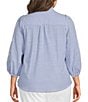 Calessa Plus Size Woven Stripe Split V-Neck 3/4 Balloon Sleeve Embroidered Button Front Tunic - Image 2