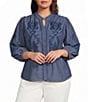 Calessa Plus Size Woven Stripe Split V-Neck 3/4 Balloon Sleeve Embroidered Button Front Tunic - Image 5