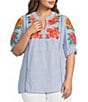 Calessa Plus Size Woven Stripe Split V-Neck Cap Sleeve Embroidered Tunic - Image 1